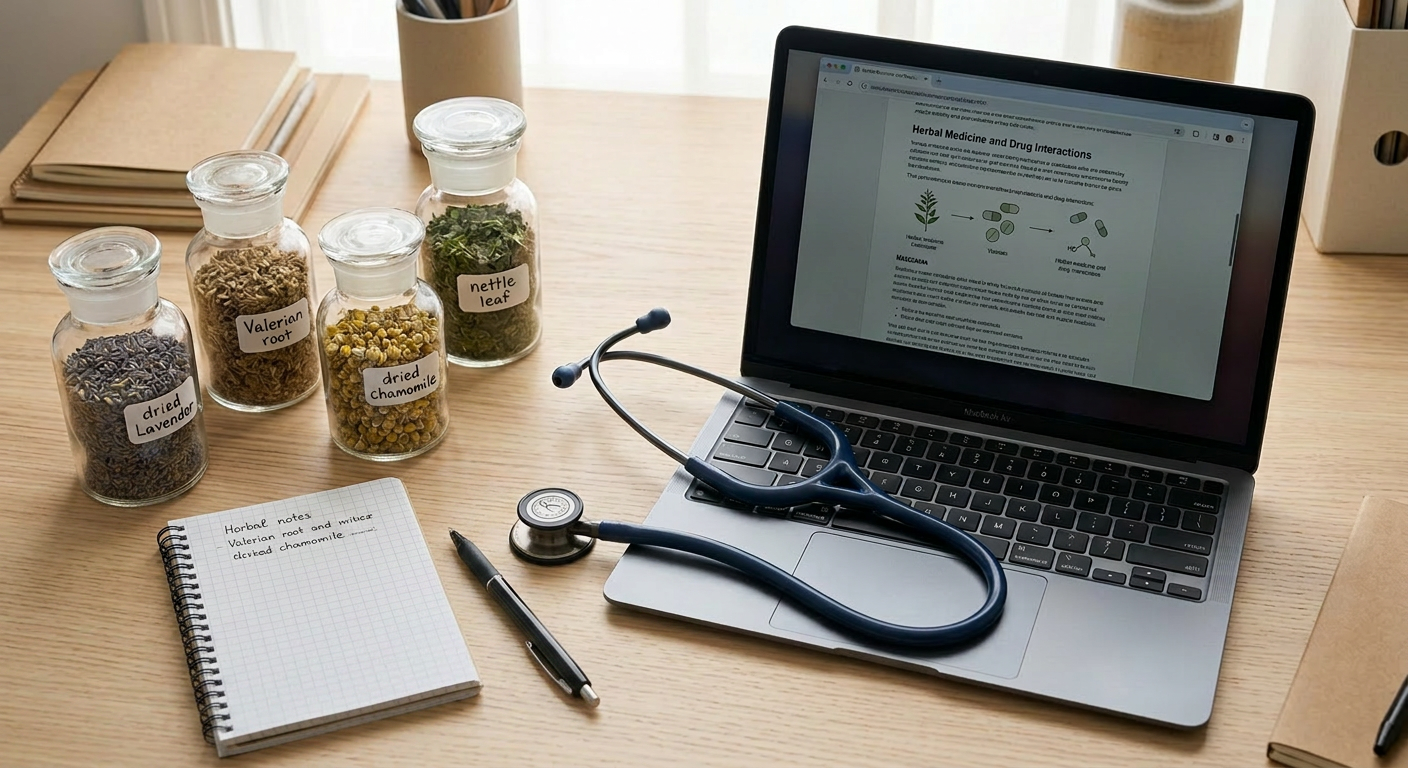 Herbal medicine and drug interaction study Glass jars with dried lavender, valerian root, chamomile, and nettle leaf next to a stethoscope and a laptop showing herbal medicine and drug interactions