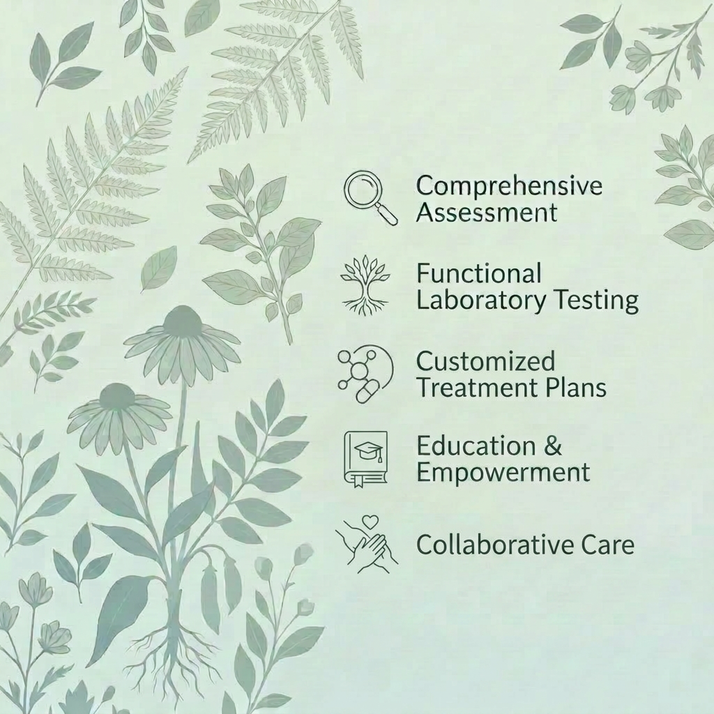 Edit the existing square image of the female doctor with blue-green clinical background. Keep the current warm professional color grading and typography. Remove the standalone word "Assessment" that appears below "Comprehensive Assessment" so that only the five intended headings remain: Comprehensive Assessment Functional Laboratory Testing Customized Treatment Plans Education & Empowerment Collaborative Care Ensure spacing is rebalanced after removal so the vertical alignment looks clean and intentional, maintaining the professional medical aesthetic and consistent font styling.